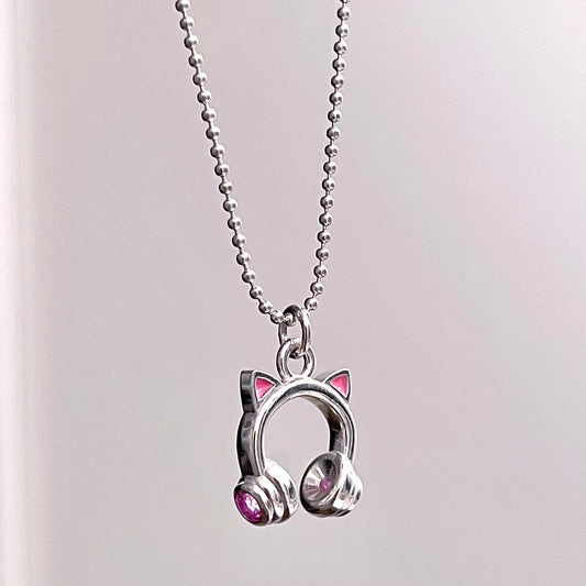 Kawaii Kitty Headphones Sterling Silver Necklace